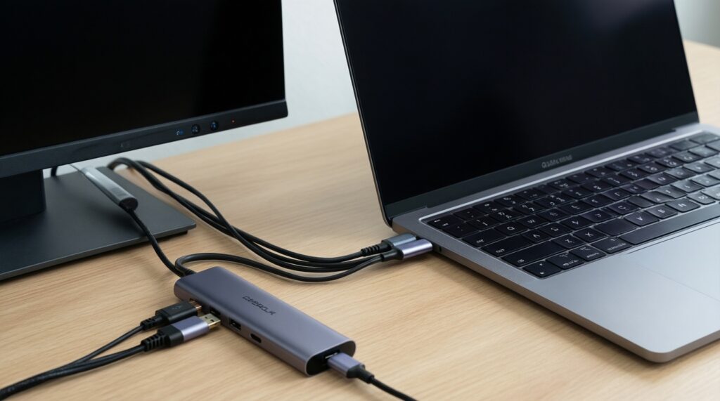 -อุปกรณ์เสริม Mac ที่ควรมีคู่จอพกพา: ฮับ USB‑C, ขาตั้ง, สายคุณภาพ, กระเป๋ากันกระแทก - иллюстрация