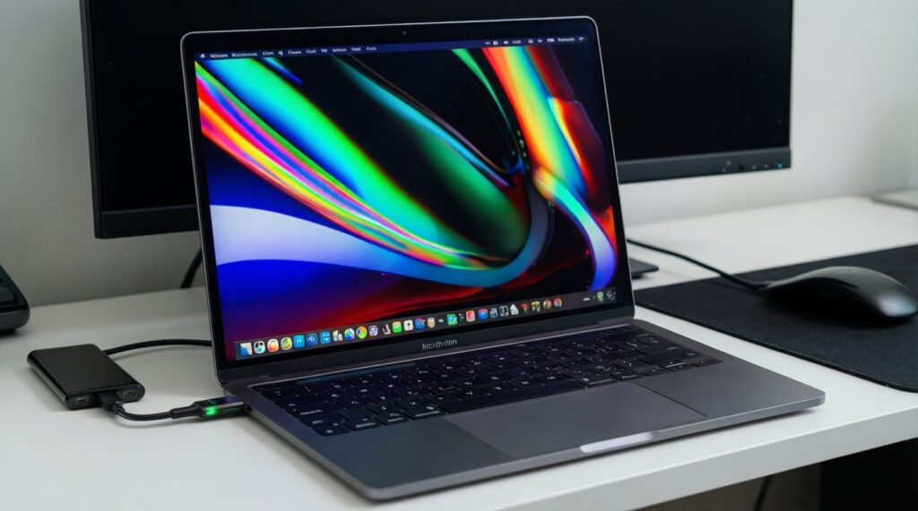 จอภาพพกพาสำหรับ Mac ที่เหมาะกับสายเดินทาง: เบา สว่าง สีตรง และต่อสายเส้นเดียว - иллюстрация