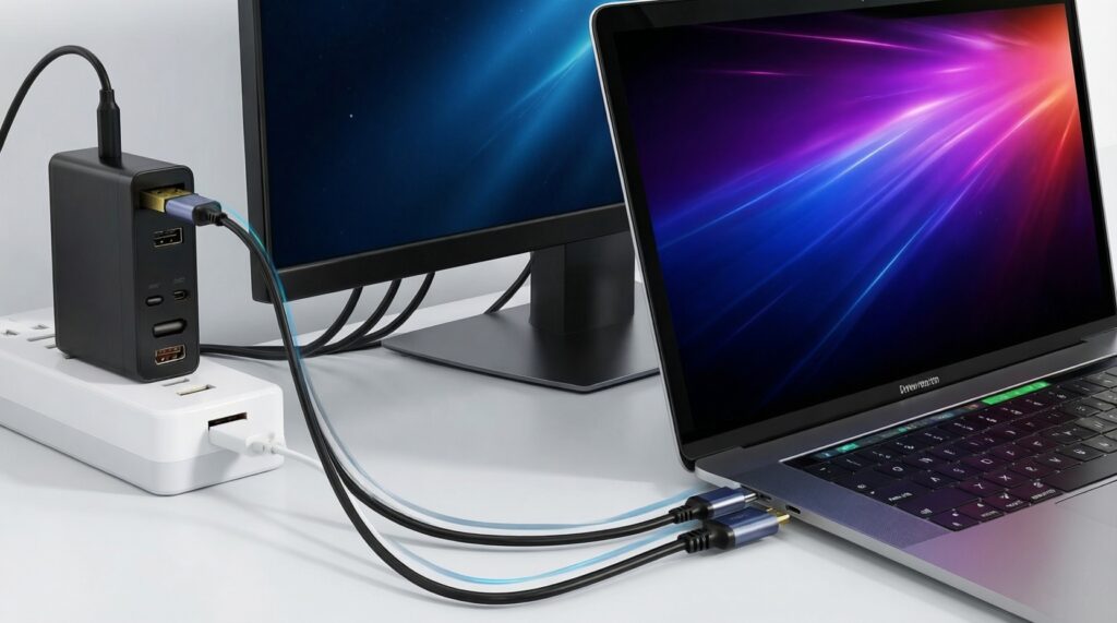 จอภาพพกพาสำหรับ Mac แบบไหนเหมาะ: USB‑C เดียวจบ vs ต้องอะแดปเตอร์-เลือกให้เข้ากับรุ่น Mac - иллюстрация