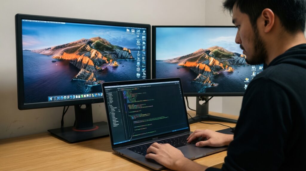-จอพกพา 4K vs 2K สำหรับ MacBook: คุ้มไหมสำหรับงานภาพ/โค้ด/เอกสาร - иллюстрация